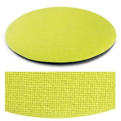 Das foto zeigt eine runde sitzauflage der firma discus. Die farbe der sitzauflage ist  zitronengelb mit einem leichtem grünstich.