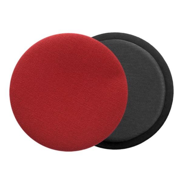 Das foto zeigt eine runde sitzauflage der firma discus. Dargestellt ist die vorderseite und die rueckseite des sitzkissens. Auf der rueckseite ist die schattenfuge erkennbar. Die farbe der sitzauflage ist rot.