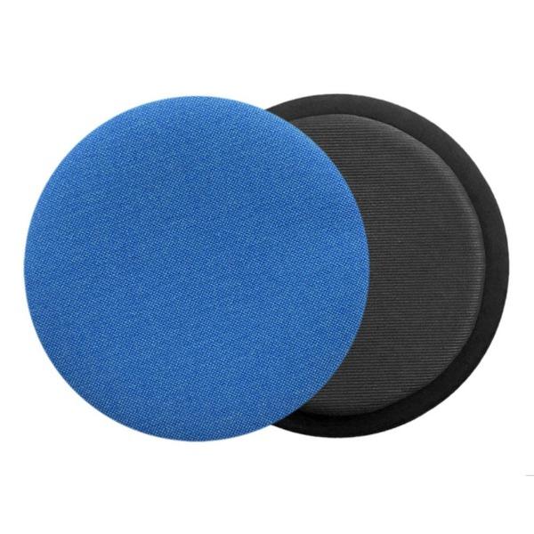 Das foto zeigt eine runde sitzauflage der firma discus. Dargestellt ist die vorderseite und die rueckseite des sitzkissens. Auf der rueckseite ist die schattenfuge erkennbar. Die farbe der sitzauflage ist blau-hellblau meliert.