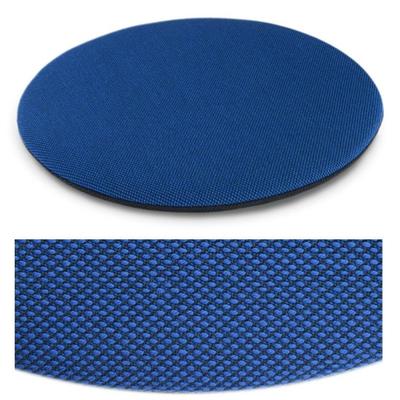Das foto zeigt eine runde sitzauflage der firma discus. Die farbe der sitzauflage ist  blau meliert.