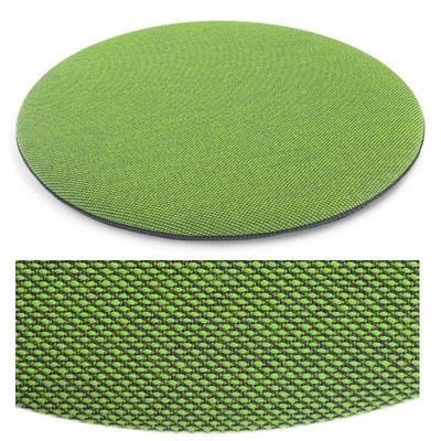 Das foto zeigt eine runde sitzauflage der firma discus. Die farbe der sitzauflage ist  hellgrün-anthrazit meliert meliert.