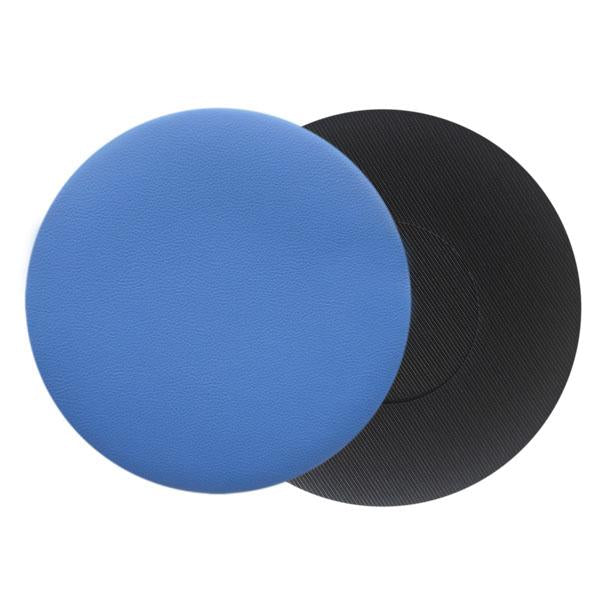 Das foto zeigt eine runde sitzauflage der firma discus. Dargestellt ist die vorderseite und die rueckseite des sitzkissens. Die farbe der sitzauflage ist blau.