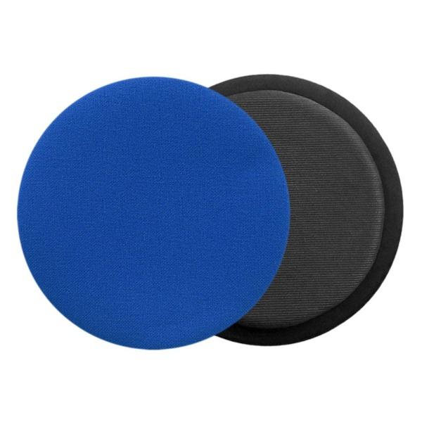 Das foto zeigt eine runde sitzauflage der firma discus. Dargestellt ist die vorderseite und die rueckseite des sitzkissens. Auf der rueckseite ist die schattenfuge erkennbar. Die farbe der sitzauflage ist blau.