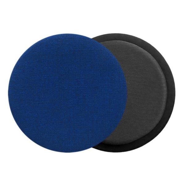 Das foto zeigt eine runde sitzauflage der firma discus. Dargestellt ist die vorderseite und die rueckseite des sitzkissens. Auf der rueckseite ist die schattenfuge erkennbar. Die farbe der sitzauflage ist blau-schwarz meliert.